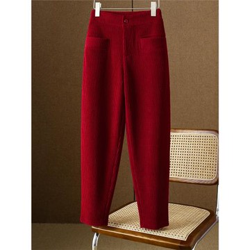 紅色燈芯絨褲女加絨加厚蘿卜褲秋冬媽媽大碼顯瘦小個子小腳哈倫褲