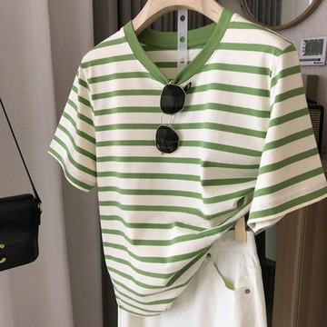 【巴黎精品】現貨+預購 T恤短袖上衣-綠條紋顯瘦圓領純棉女裝a1ge31