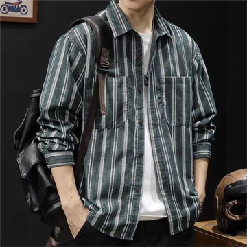 美式復古豎條紋襯衫男長袖潮牌痞帥寬松休閑襯衣春秋季燈芯絨外套