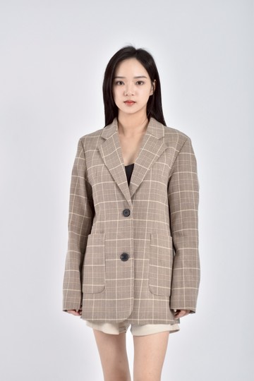 (L) 6+6質感棉質格紋長袖棕色外套