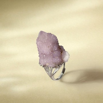 淺紫色水晶活口戒指 星光閃片 原石標本 隨形晶柱手工指環 S925銀