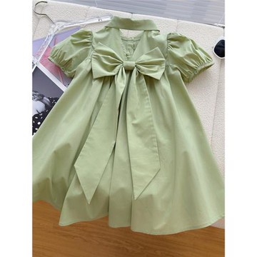 綠色泡泡袖女童連衣裙夏季洋氣2025年新款中大童設計感polo領裙子