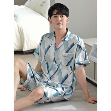 高級感休閑睡衣男夏季薄款冰絲綢短袖夏天青年中年男士家居服套裝
