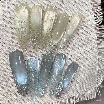 💅現實下殺穿戴甲💅【藍綠CP】氣質國風高級清新竹子貓眼爆閃顯白純手工可拆卸穿戴甲穿戴甲 VYEH