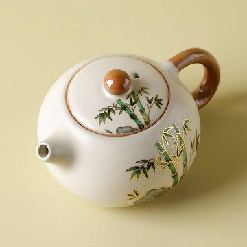 【茶品名】🍵茶壺 西施壺  泡茶壺米黃汝窯瀟湘竹石西施壺一壺兩杯家用陶瓷汝窯開片功夫茶具小套裝