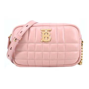 BURBERRY  Lola TB金字 LOGO格紋絎縫羔羊皮相機/斜背包（迷你/粉色）_廠商直送
