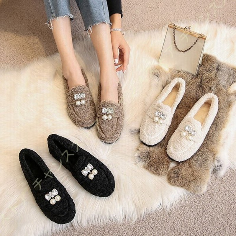 モカシン レディース シューズ 靴 フラットシューズ スリッポン ぺたんこ ファー ムートン ボア 防寒 あったか 雪 冬 暖かい パンプス おおきいサイズ 通販 Lineポイント最大get Lineショッピング