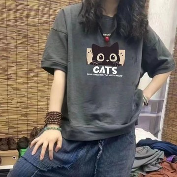 韓版上衣 t恤 大碼T恤女 拼接上衣 多巴胺夏季新款短袖 複古設計寬鬆上衣ins 女生t恤 寬鬆上衣 印花t恤 女生短袖