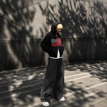 【APPAREL DESIN】美國國旗 寬短版雙拉鍊連帽外套 外套 連帽外套