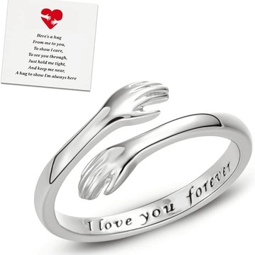 ❤擁抱造型可調式戒指 內有愛的刻字｜愛情友情戒子14K (Silver/銀)禮盒裝、附卡片｜食指戒、姊妹對戒、求婚戒 離婚祝福戒子