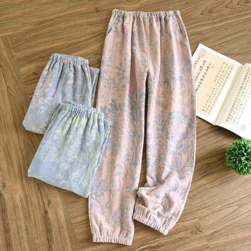 無印風睡褲女長褲春秋薄款 100%純棉紗布色織提花直筒褲款全棉居家褲寬鬆褲