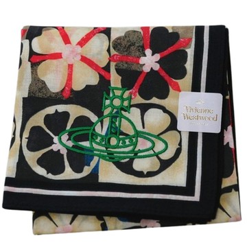 VIVIENNE WESTWOOD 繽紛五瓣花圖騰刺繡行星LOGO帕領巾(奶油色底/黑邊/48CM)