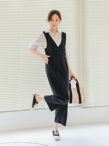 燈心絨前開釦打摺雙口袋孕婦吊帶寬褲