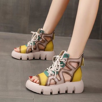 復古高幫魚嘴涼鞋女夏2025新款松糕厚底羅馬鞋鏤空涼靴ins潮增高