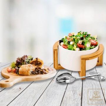英國 WILMAX 竹製附柄托盤/輕食盤附沙拉碗+架三件組