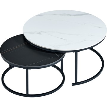 hoi! 林氏木業北歐創意岩板圓形組合邊几 LS093J9 (白大黑小)