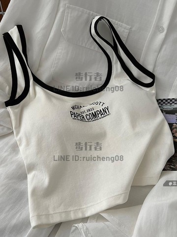 短款無袖帶胸墊吊帶背心女夏外穿緊身白色內搭字母運動上衣潮【步行者戶外生活館】