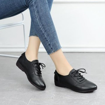 上海第一皮鞋廠登云女鞋休閑軟皮軟底春秋單鞋真皮系帶深口媽媽鞋