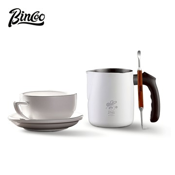 BINCOO 木紋專業咖啡拉花缸 家用不銹鋼打奶缸 尖嘴奶泡杯 拉花杯神器 600ML