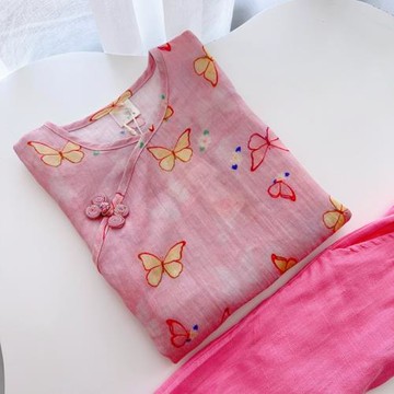 女童漢服夏季兒童古裝天絲苧麻上衣中式民國風套裝寶寶改良褲唐裝