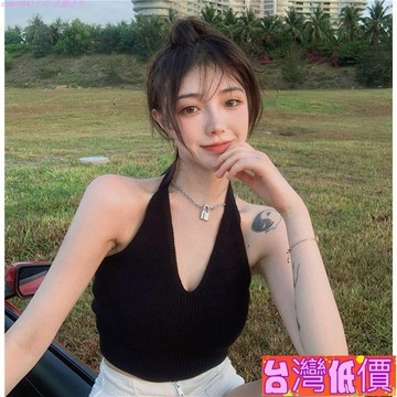悅裳💎台灣免運💎韓版度假風冰絲綁帶V領針織短版背心 掛脖裹胸 辣妹上衣 針織吊帶 短版上衣 上衣 小可愛 女裝 百搭