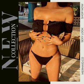 美人魚💙現貨┇黑色一字領胸鏤空鏈條比基尼 性感露肩 歐美 韓國 一字領 泳衣泳裝