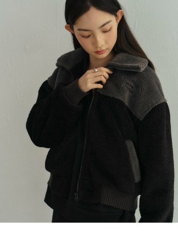 拼色絨毛柔暖休閒外套(黑色)-女