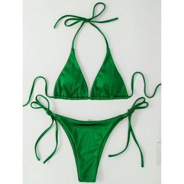 系帶掛脖三點比基尼溫泉辣妹亮面分體泳衣歐美性感辣妹泳裝bikini