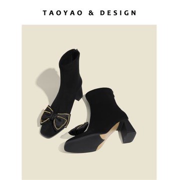 法式蝴蝶結高跟短靴女2025新款網紅百搭氣質粗跟后拉鏈彈力瘦瘦靴