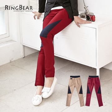 質感長褲--獨特設計鬆緊褲頭牛仔色拼接內搭式長褲(紅.咖S-6L)-P76眼圈熊中大尺碼