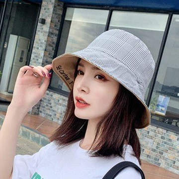 含稅價夏季新款帽子女雙面可摺疊千鳥格漁夫帽郊遊防曬遮陽韓版字母盆帽