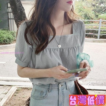 悅裳💎台灣免運💎方領短袖襯衫女夏新款日係甜美減齡小清新百搭小格子鎖骨心機上衣