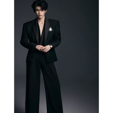 張凌赫同款黑色青果領西裝外套男士訂婚高級感舞臺演出宴會西服潮