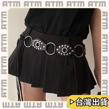 🔥臺灣出貨🔥可開發票✅輕飾時光美式復古千禧辣妹圓環皮革拼接腰帶黑色鉚釘屬扣設計感綁帶腰繩