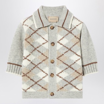 Cardigan with grey/beige argyle inlay