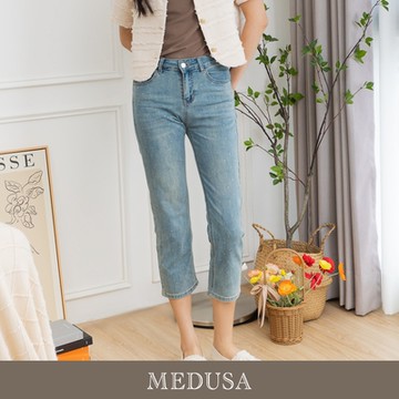 現貨【MEDUSA 曼度莎】I Care 點點水鑽裝飾直筒牛仔褲（M-XL）｜女牛仔褲 高彈性 女長褲