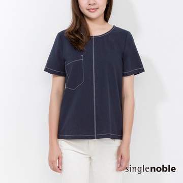 獨身貴族 日系撞色線條棉麻短袖上衣(1色)