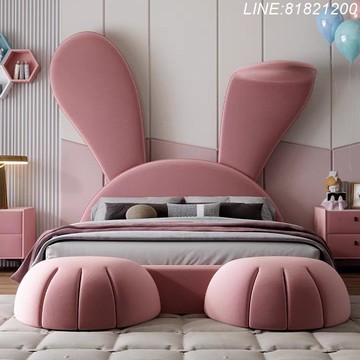 兒童床 卡通床 免運 開立發票 輕奢兒童床女孩公主床粉色卡通大耳朵兔子床現代簡約實木布藝床 快速出貨 兒童床D