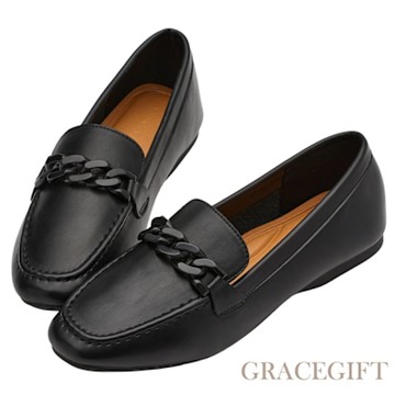 【Grace Gift】文青小方頭鍊條平底樂福鞋 黑