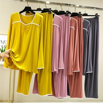 春秋冬莫代爾長袖睡衣家居服薄款套裝女大碼寬松休閑可外穿兩件套