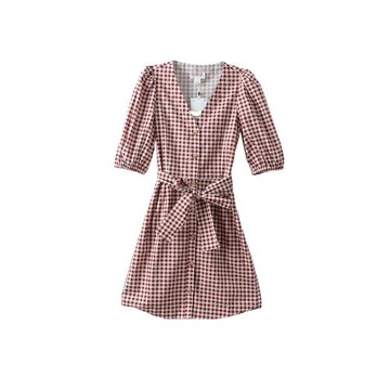 諾諾E站 【MK】秋裝 V領純色溫柔風格紋襯衫式收腰短袖連衣裙短款