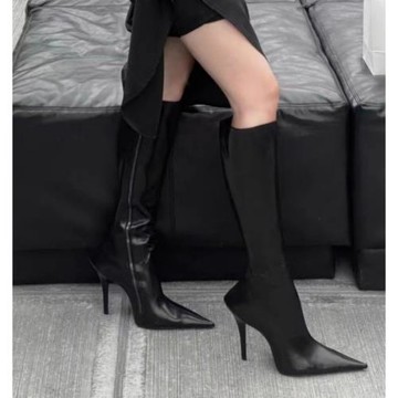 尖頭側拉鏈細跟高筒長靴女2025冬季新款不過膝瘦瘦靴歐美時裝女靴