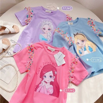 mori🎀mori女童短袖t恤2023新款洋氣卡通愛莎公主波點網紗半袖上衣夏裝潮
