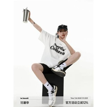 ICH MODE 美式復古字母印花白色短袖T恤女夏季新款寬松半袖上衣