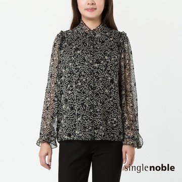 獨身貴族 復古黑白印花長袖荷葉造型上衣(1色)