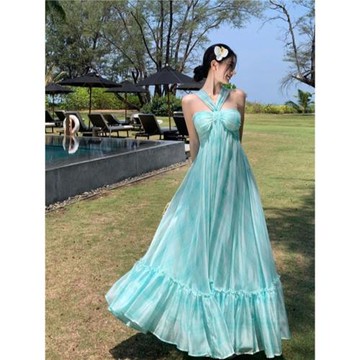 多巴胺絕美海邊度假掛脖帶胸墊沙灘連衣裙夏季超仙高級感大擺長裙