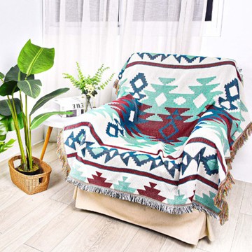 OUTSY 民族風露營居家雙面針織蓋毯沙發毯 舒適棉+聚酯纖維混紡材質 附贈收納皮帶  M(150 x 125cm)  魚池梅拉倫 藍白織紋  1個