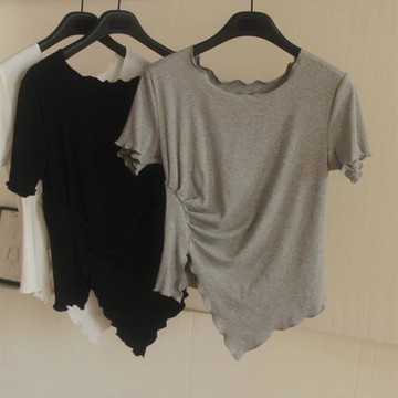 莫代爾木耳圓領T恤女 遮肚腩顯瘦胖子大碼港風上衣 夏季短袖開叉