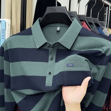 秋冬款POLO衫 長袖polo衫 工作服 速乾吸濕排汗 高檔中男士長袖T恤春秋新款爸爸條紋口袋寬鬆翻領POLO
