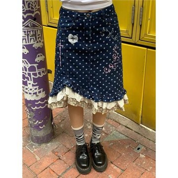 大碼美式復古波點蕾絲不規則牛仔半身裙女夏季辣妹顯瘦包臀中長裙